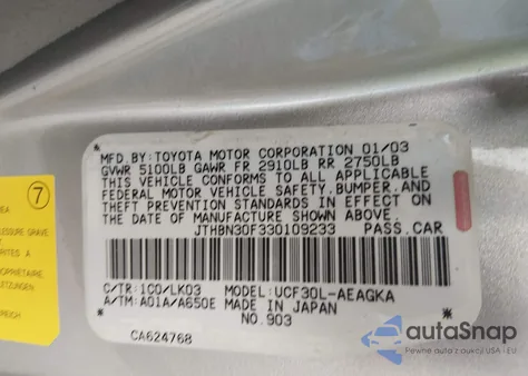 2003 Lexus Ls 430 z USA, uszkodzony, nr VIN JTHBN30F330109233